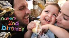 NAVEY 2nd BiRTHDAY!! Farm Animals Surprise Party, hiding presents, and bday balloons morning routine